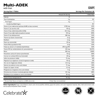Multi-ADEK vitamīns ar 60 mg dzelzs, košļājamā veidā, vīnogas