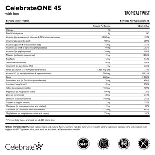 CelebrateONE 45 Multivitamīns ar dzelzi, košļājams, vienu reizi dienā