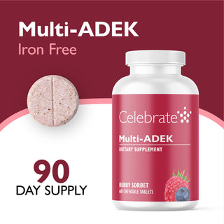 Multi-ADEK vitamīns bez dzelzs, košļājamā veidā, ogu sorbets