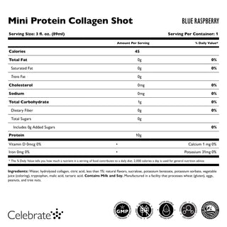 Uzturvērtības marķējums Mini Protein Collagen Shot ar Blue Raspberry garšu, tostarp porcijas lielums, kalorijas un sastāvdaļas.