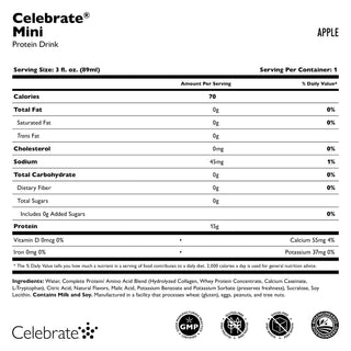 Celebrate Mini Protein Drink ābolu garšas uzturvērtības marķējums uz balta fona
